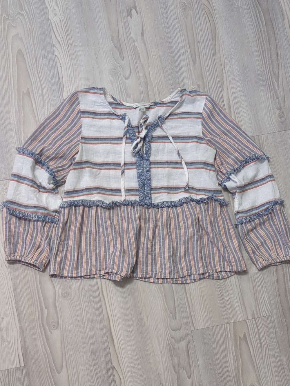 American Eagle Striped Cotton Linen Peasant Blouse Fringe Small